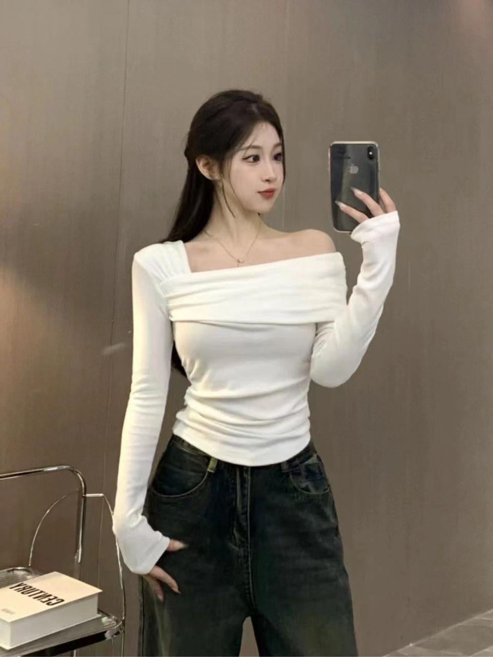 Korean Asymmetrical Off Shoulder Top