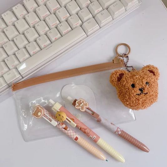 Teddy plushie keyring pouch with pens set