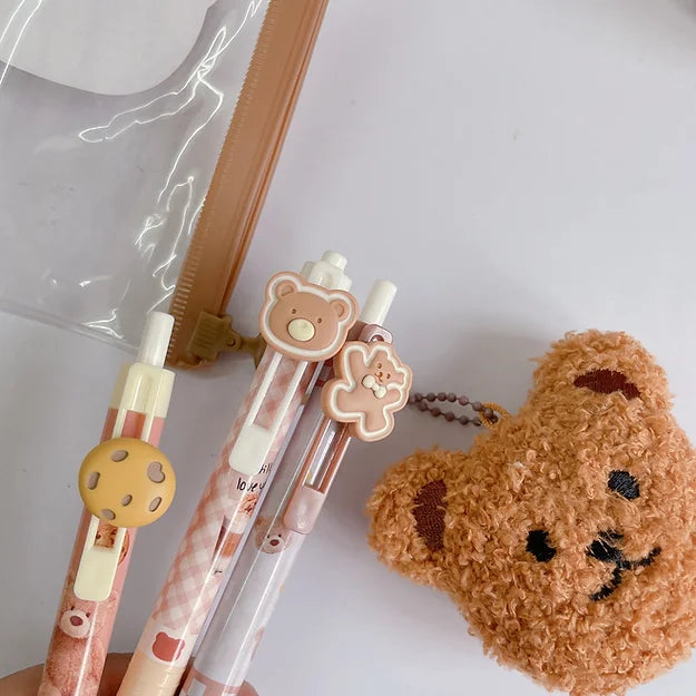 Teddy plushie keyring pouch with pens set