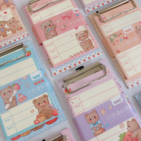 Strawberry Bear Weekly Planner Sticky Notes with clip pad
