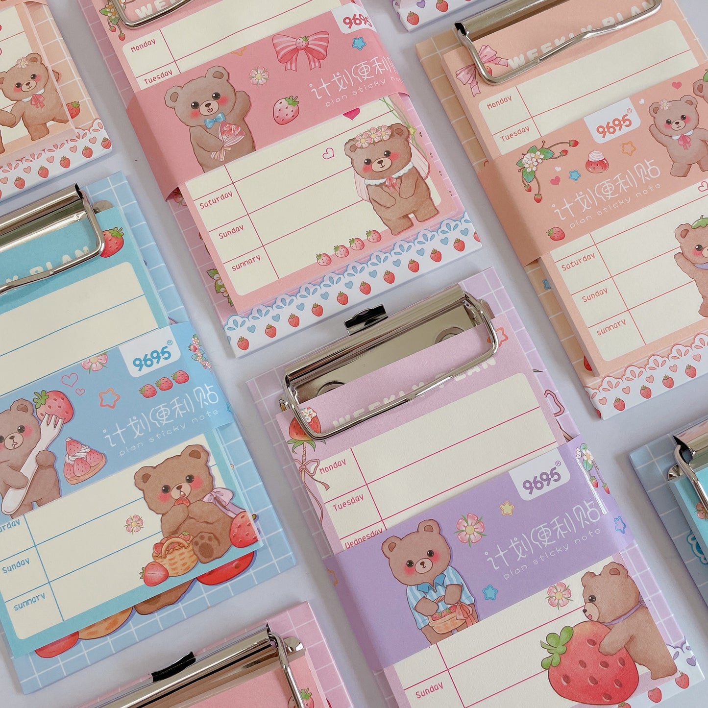 Strawberry Bear Weekly Planner Sticky Notes with clip pad